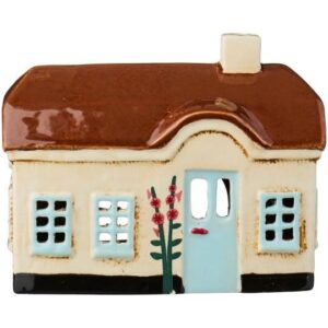 Hus t/fyrfadslys Ebeltoft lyseblå dør stokroser